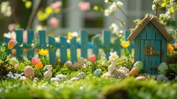 ai generiert ein charmant Garten Szene mit Ostern Dekorationen, Erstellen ein froh Atmosphäre zum Anzeige foto