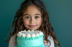 ai generiert ein jung Mädchen hält ein Geburtstag Kuchen und posieren foto