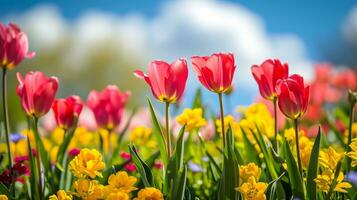 ai generiert ein Frühling Szene mit beschwingt Blumen, hervorrufen das Frische von das Jahreszeit zum Werbung Glückseligkeit foto
