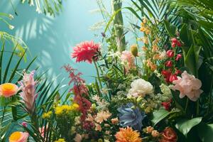 ai generiert üppig Botanicals Sprengung mit Farbe, Rahmen das Bühne zum ein fesselnd Frühling Werbung foto