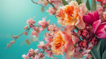 ai generiert ein Frühling Szene mit beschwingt Blumen, hervorrufen das Frische von das Jahreszeit zum Werbung Glückseligkeit foto