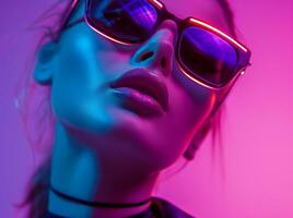 ai generiert ein jung Frau im Sonnenbrille und Neon- Licht Sonnenbrille foto