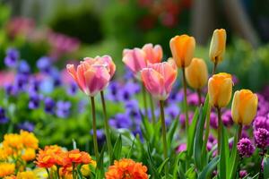 ai generiert ein Frühling Szene mit beschwingt Blumen, hervorrufen das Frische von das Jahreszeit zum Werbung Glückseligkeit foto