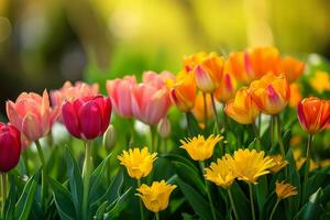 ai generiert ein Frühling Szene mit beschwingt Blumen, hervorrufen das Frische von das Jahreszeit zum Werbung Glückseligkeit foto