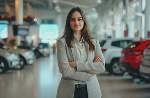 ai generiert Geschäft Frau Stehen im das Auto Ausstellungsraum foto