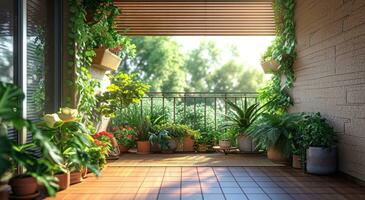 ai generiert ein Innere Aussicht von ein Balkon mit Pflanzen und Grün foto