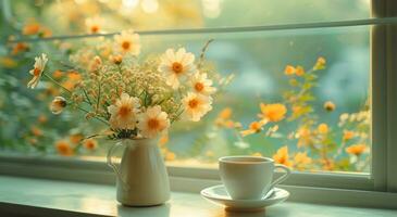 ai generiert Blumen Anordnung mit Tasse und Kaffee auf ein Fenster Schwelle foto