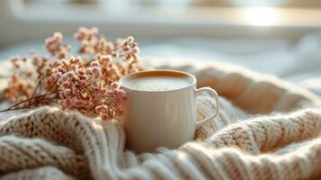 ai generiert Kaffee auf ein warm Decke zu warm Sie oben im Winter, foto