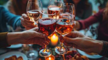 ai generiert Menschen beim ein Abendessen Tabelle trinken Wein foto