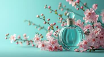 ai generiert Parfüm Flasche und Blumen auf Blau Hintergrund foto