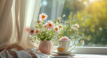 ai generiert Blumen Anordnung mit Tasse und Kaffee auf ein Fenster Schwelle foto