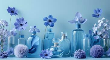 ai generiert verschiedene Blau Blumen und Flaschen von Parfüm foto