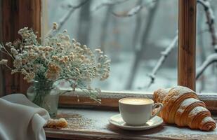ai generiert Winter Tasse von Kaffee und Croissants foto