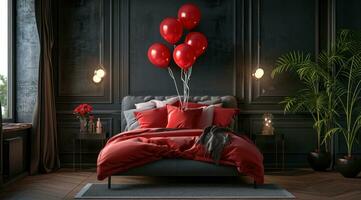 ai generiert dekorativ Bett mit Luftballons Innerhalb ein romantisch Bett Zimmer foto
