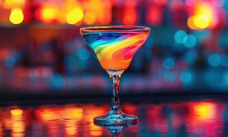ai generiert ein trinken mit Regenbogen wirbelt Sitzung im ein Cocktail Glas foto