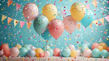 ai generiert ein festlich Array von bunt Luftballons, Banner, und Konfetti auf ein froh Geburtstag Hintergrund foto