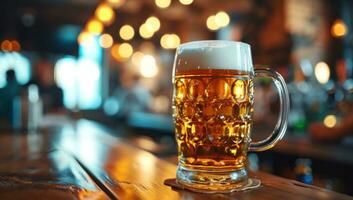 ai generiert ein Becher von Bier beim ein Bar im Vorderseite von Menschen foto