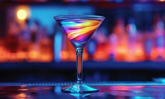 ai generiert ein trinken mit Regenbogen wirbelt Sitzung im ein Cocktail Glas foto