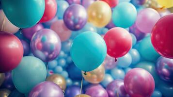 ai generiert ein atemberaubend Anzeige von Luftballons im verschiedene Farbtöne gegen ein Hintergrund von Geburtstag Aufregung foto