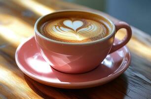 ai generiert ein Rosa Tasse von Kaffee ist gezeigt mit ein Herz geformt Design auf es foto