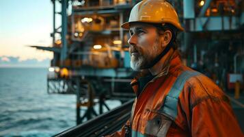 ai generiert kaukasisch industriell Arbeiter im das Öl Tube Bahnhof beim Meer foto