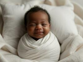 ai generiert friedlich Neugeborene Glückseligkeit ein heiter schwarz Babys Lächeln gefangen auf ein Weiß Bett, symbolisieren Gesundheit und Glück foto