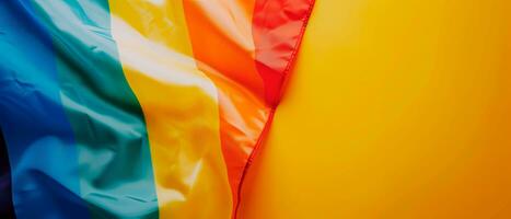 ai generiert lgbt Stolz Regenbogen Flagge Über Gelb Hintergrund mit leeren Raum zum Text. Diversität, Liebe, Freiheit und lgbt Konzept. foto