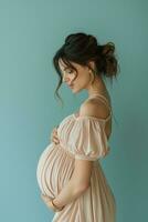 ai generiert Porträt von schön jung schwanger Frau berühren Bauch Stehen auf Farbe Hintergrund foto