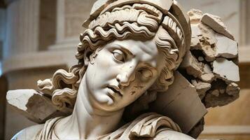 ai generiert ein beschädigt klassisch Statue mit das Gesicht verdeckt, gebrochen uralt griechisch Statue, Frau Kopf fallen foto
