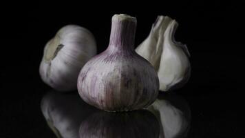 köstlich schön Knoblauch auf schwarz Hintergrund. rahmen. Konzept von ein gesund Lebensstil foto