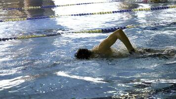 Mann Schwimmen im Schwimmbad. passen jung männlich Schwimmer Ausbildung im das Schwimmbad. jung Mann Schwimmen das Vorderseite kriechen im ein Schwimmbad. jung männlich Athlet Schwimmen Freistil im Schwimmbad während Wettbewerb foto