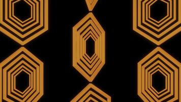 abstrakt drei Vertikale Reihen von Orange Hexagon Silhouetten ziehen um auf ein schwarz Hintergrund. Design. geometrisch ziehen um Muster von rotierend Sechsecke. foto