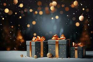 ai generiert Weihnachten Geschenk Kisten auf das Fußboden Weihnachten Baum Geäst und Weihnachten Bälle Bokeh Beleuchtung Hintergrund. generativ ai foto
