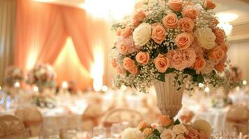 ai generiert ein Hochzeit Tagungsort geschmückt mit zart Rosen, Erstellen ein romantisch und zauberhaft Ambiente foto