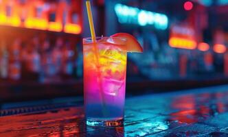 ai generiert ein tropisch trinken beim ein Bar ist gezeigt mit ein Regenbogen Stroh im das Mitte foto