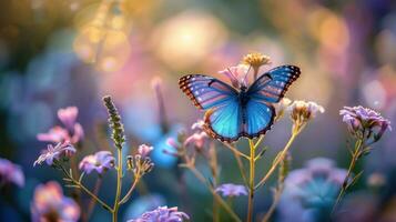 ai generiert Schmetterlinge, Libellen, und zart Insekten tanzen im ein Garten von Frühling Wunder foto