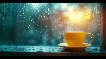 ai generiert Kaffee Tasse im das Regen auf ein Fenster Schwelle foto