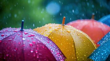 ai generiert bunt Regentropfen, Regenschirme, und strahlend Farbtöne erstellen ein heiter Frühling Anzeige foto