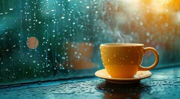 ai generiert Kaffee Tasse im das Regen auf ein Fenster Schwelle foto