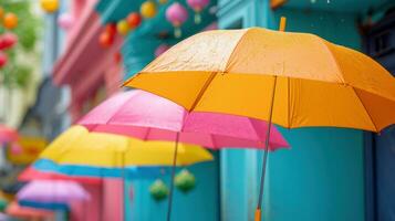 ai generiert bunt Regentropfen, Regenschirme, und strahlend Farbtöne erstellen ein heiter Frühling Anzeige foto