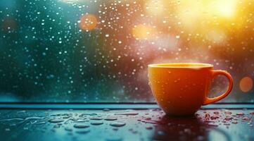 ai generiert Kaffee Tasse im das Regen auf ein Fenster Schwelle foto