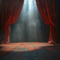 ai generiert ein leeren Bühne mit ein rot Vorhang und Scheinwerfer, traditionell foto