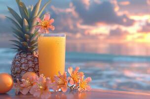 ai generiert frisch Orange Saft mit Ananas und Zitrusfrüchte Blumen auf ein Essen Tabelle in der Nähe von das Meer foto