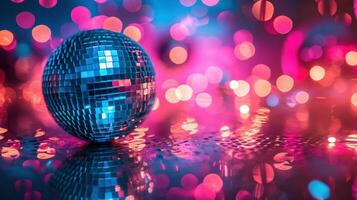 ai generiert dynamisch und beschwingt Disco-Thema Party mit glänzend Beleuchtung, gewährleisten ein Nacht von energisch Feier foto