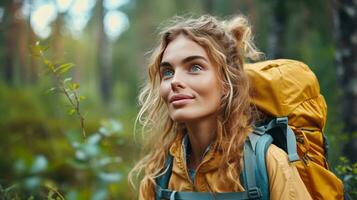 ai generiert glücklich schön Mädchen gehen Wandern im das Wald foto