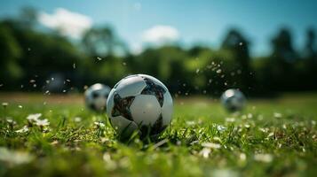 ai generiert Fußball Spieler läuft zu trete das Ball. Ball auf das Gras Feld von Arena. erstellt mit generativ ai foto