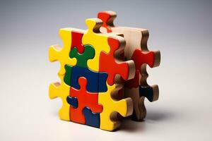 ai generiert das Symbol von Autismus ist ein mehrfarbig Puzzle im das bilden von ein Herz im das Hände von Pflege Eltern foto