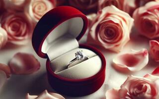 ai generiert Hochzeit Ring, Ehe Vorschlag, Liebe Geständnis, Diamant Ring, Band und Rose, Valentinstag Tag Liebe Hintergrund foto