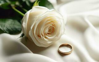ai generiert Hochzeit Ringe, Diamant Ringe, Bänder und Rosen Hintergrund zeigen Liebe auf Valentinstag Tag foto