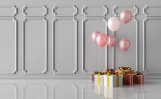 Geschenke mit Luftballons und leerer Wand foto